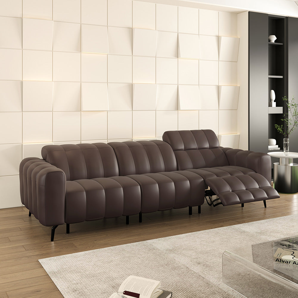 意大利靠墙式钢琴键电动沙发，现代极简智能皮质客厅豆腐块沙发。